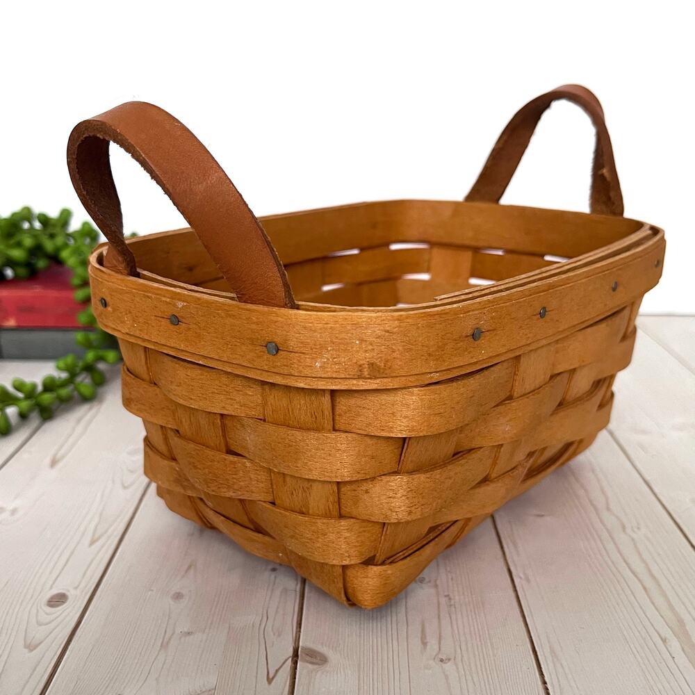 1995 Longaberger Woven Tea Mini Basket Leather Handles 7" Signed Cottage Country